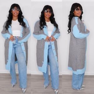 Cozy Two-Tone Gray & Light Blue Long Cardigan Sweater
